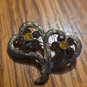 Gold Heart Flower Brooch with Yellow Glass Stones Floral Plant Theme
